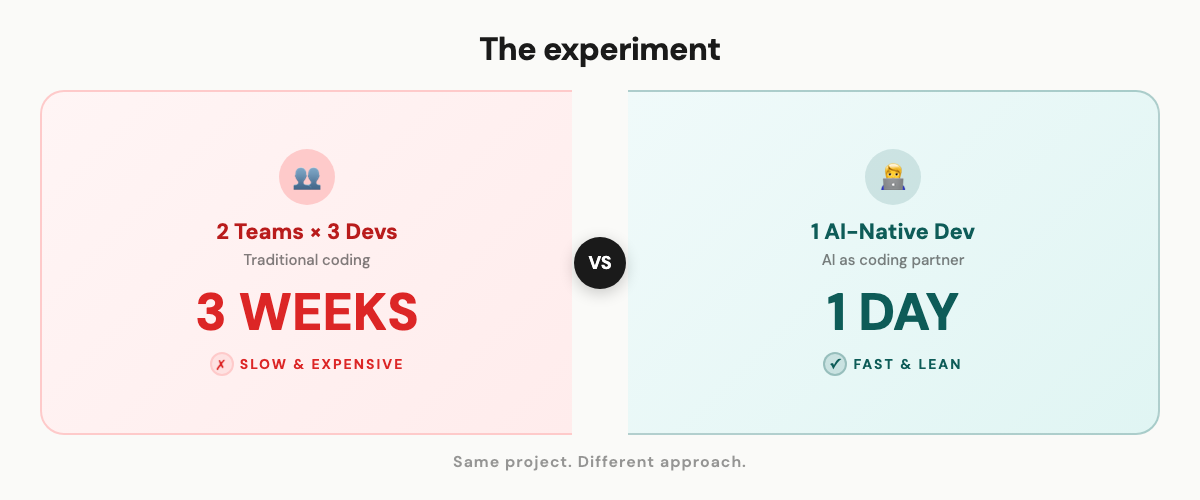 The experiment: 2 teams of 3 devs in 3 weeks vs 1 AI-native dev in 1 day